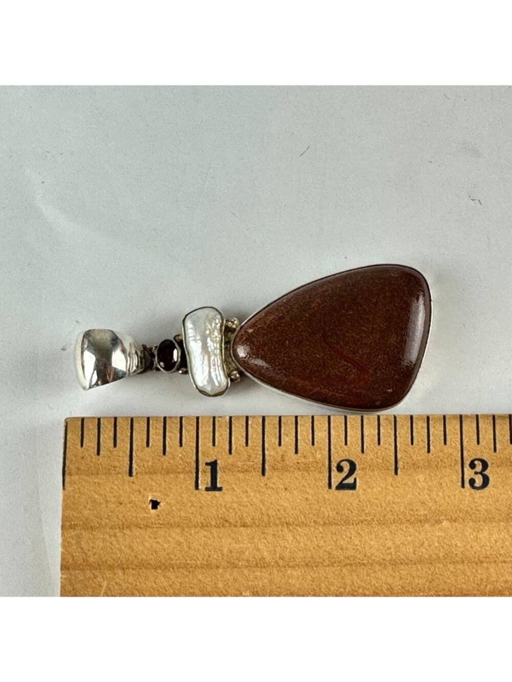 Sterling Silver Dark Red Stone Pendant with Garnet & Pearl - Picture 5 of 6